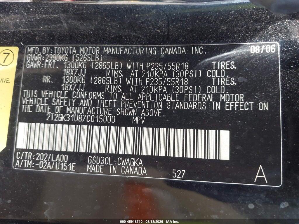 2T2GK31U87C015000 2007 LEXUS RX 350 photo no. 9