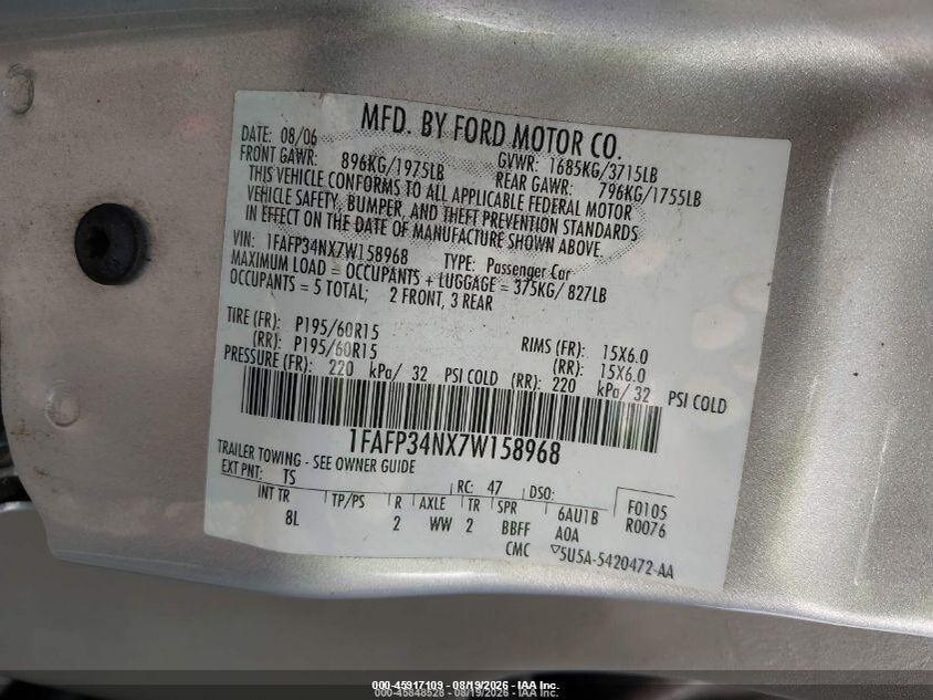 1FAFP34NX7W158968 2007 FORD FOCUS photo no. 9