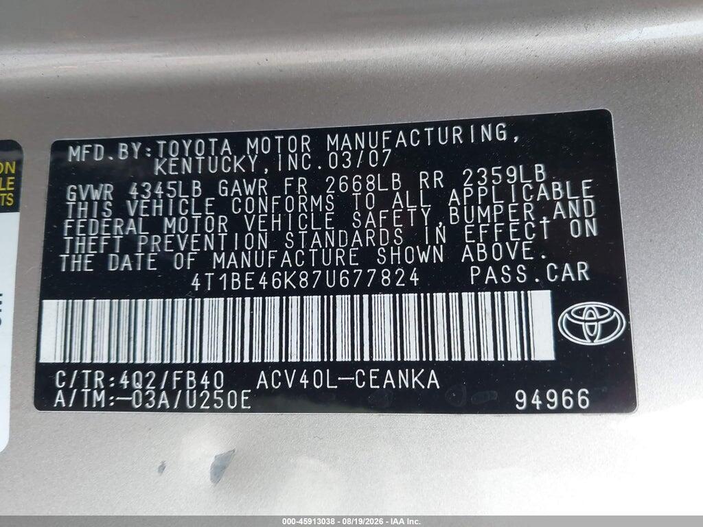 4T1BE46K87U677824 2007 TOYOTA CAMRY photo no. 9