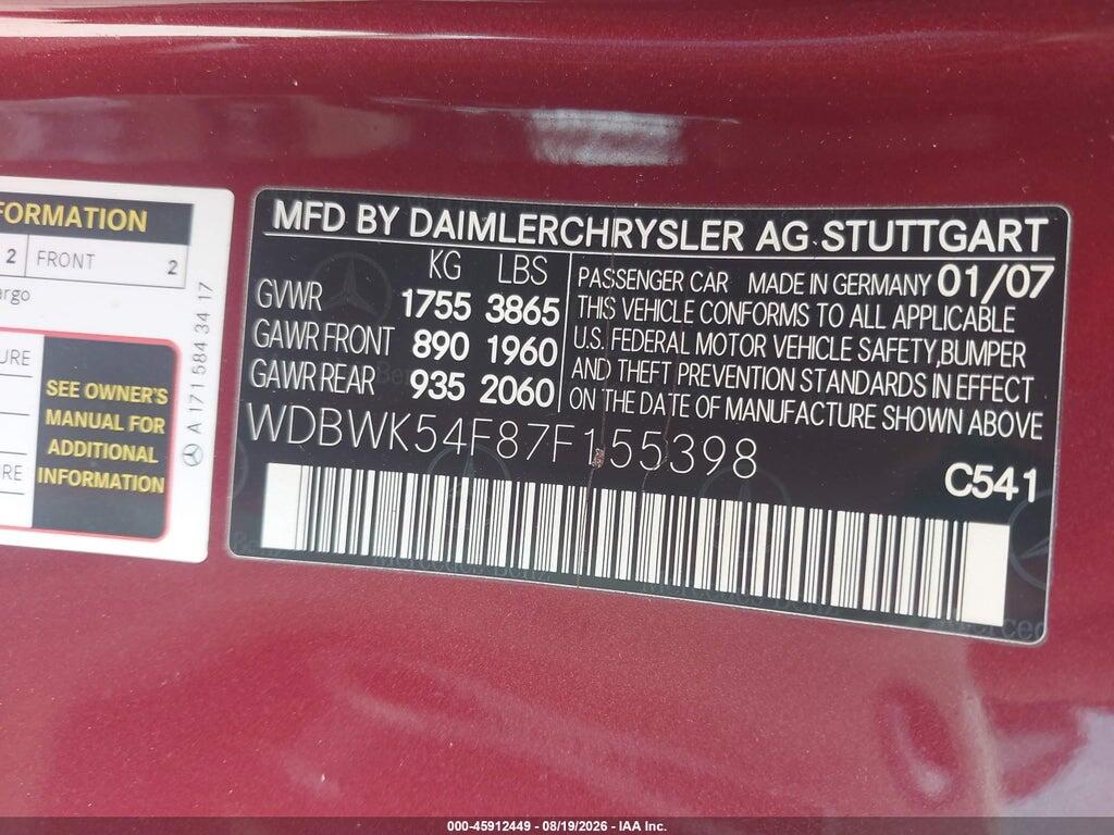 WDBWK54F87F155398 2007 MERCEDES-BENZ SLK 280 photo no. 9