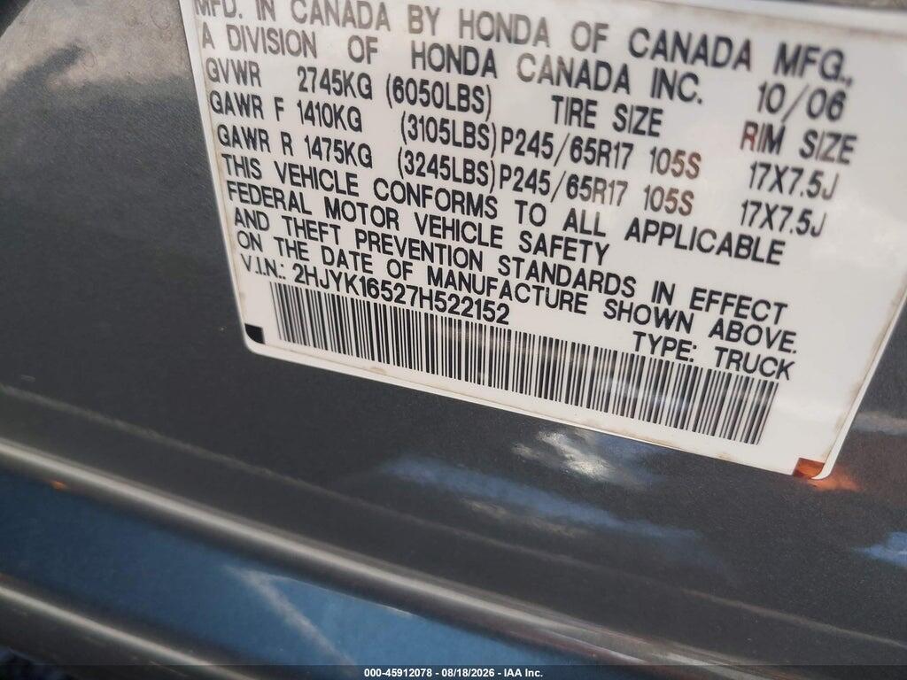 2HJYK16527H522152 2007 HONDA RIDGELINE photo no. 9