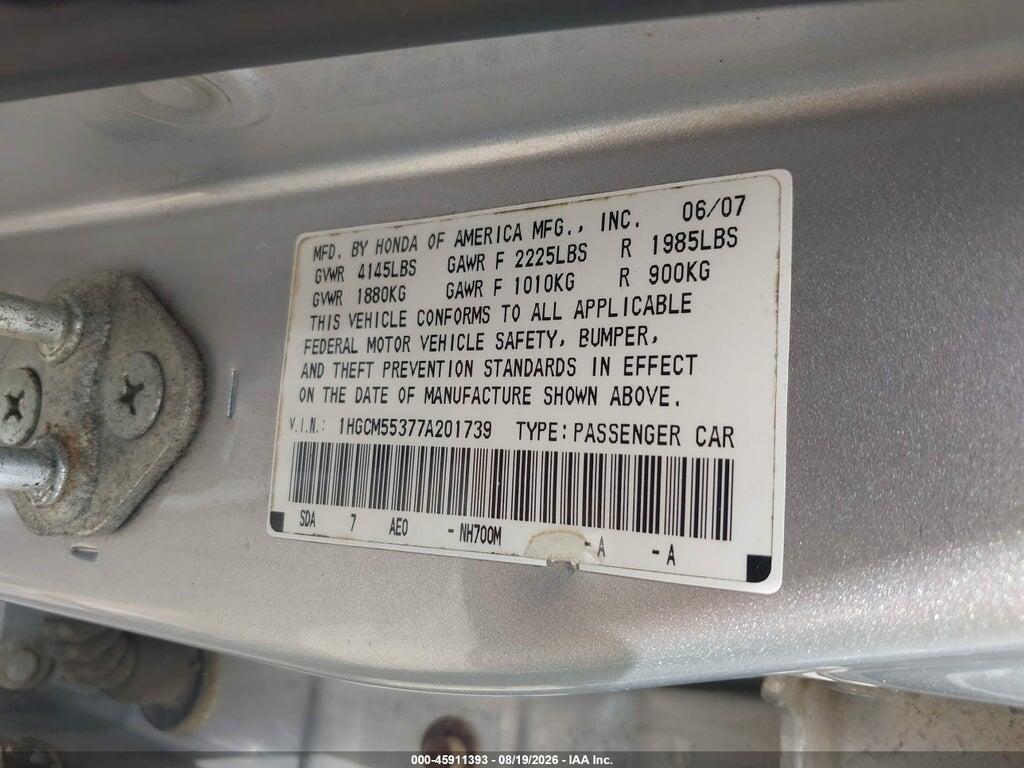 1HGCM55377A201739 2007 HONDA ACCORD photo no. 9
