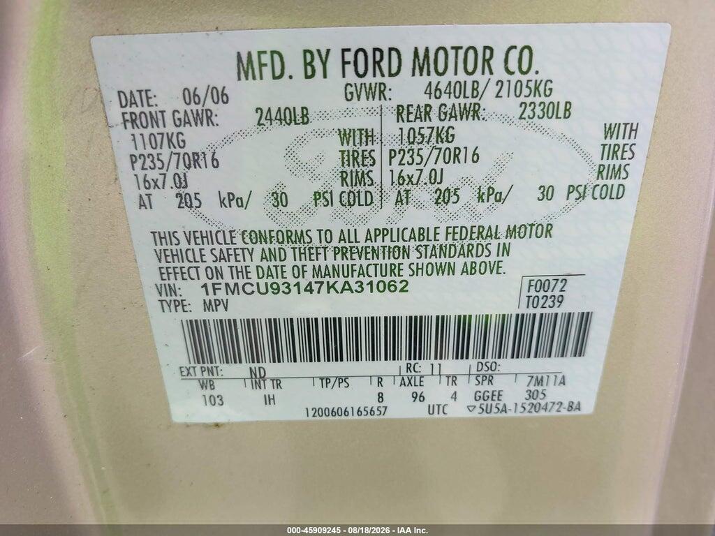 1FMCU93147KA31062 2007 FORD ESCAPE photo no. 9