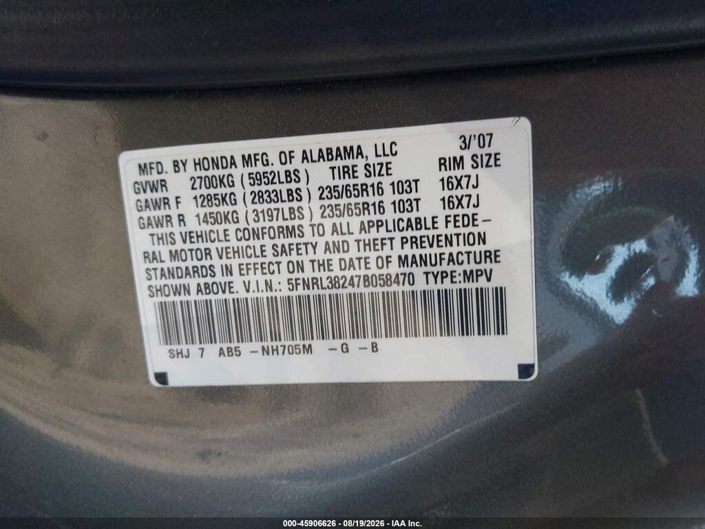 5FNRL38247B058470 2007 HONDA ODYSSEY photo no. 9
