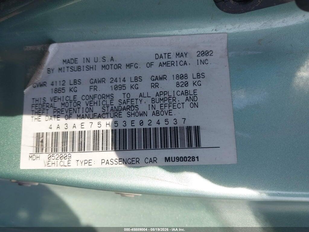 4A3AE75H53E024537 2003 MITSUBISHI ECLIPSE SPYDER photo no. 9