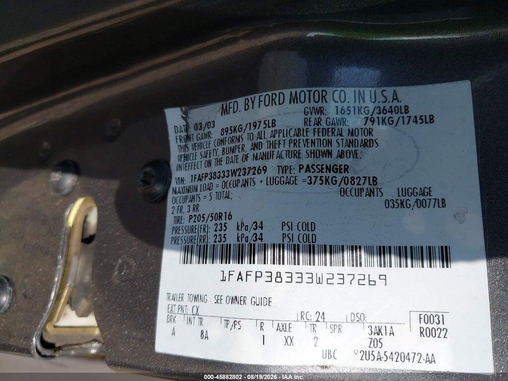1FAFP38333W237269 2003 FORD FOCUS photo no. 9