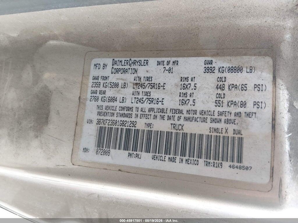 3B7KF23601G821292 2001 DODGE RAM 2500 photo no. 9