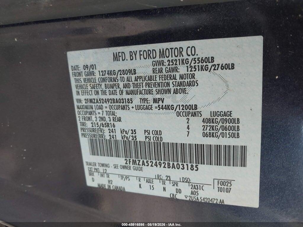 2FMZA52492BA03185 2002 FORD WINDSTAR photo no. 9