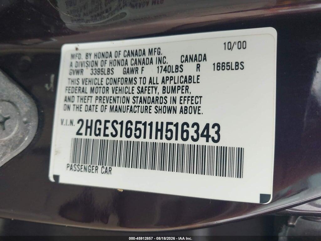 2HGES16511H516343 2001 HONDA CIVIC photo no. 9