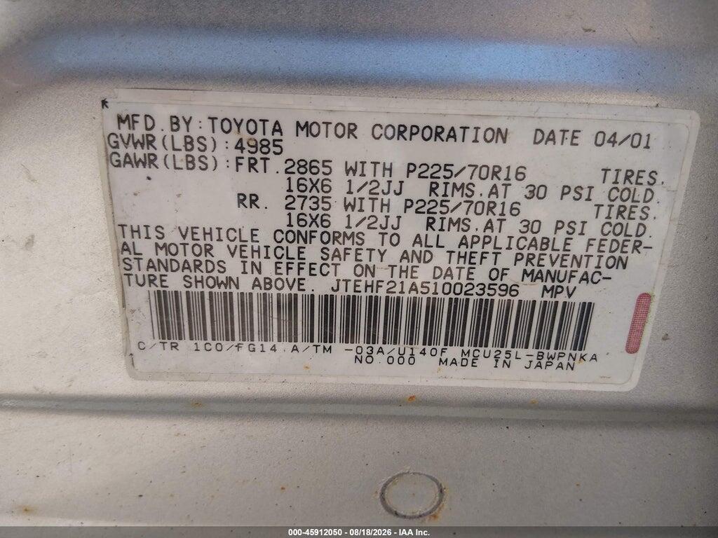 JTEHF21A510023596 2001 TOYOTA HIGHLANDER photo no. 9