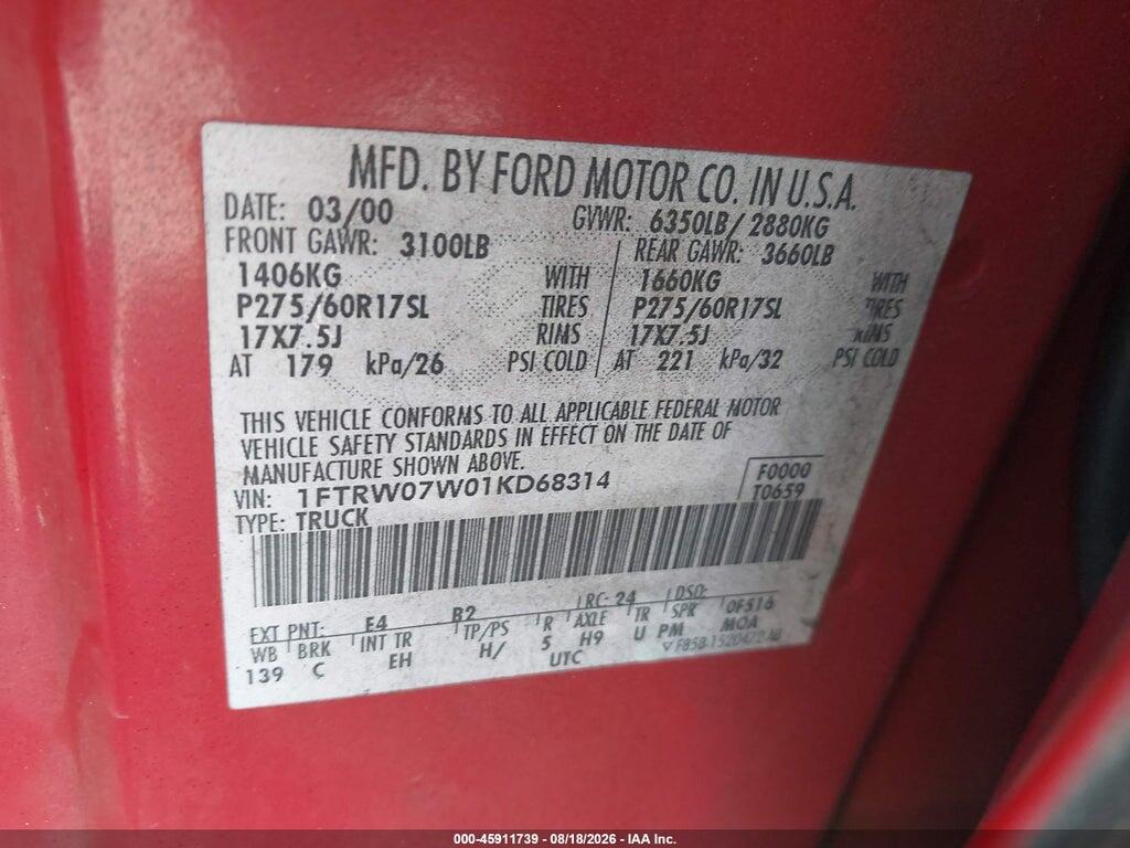 1FTRW07W01KD68314 2001 FORD F-150 photo no. 9