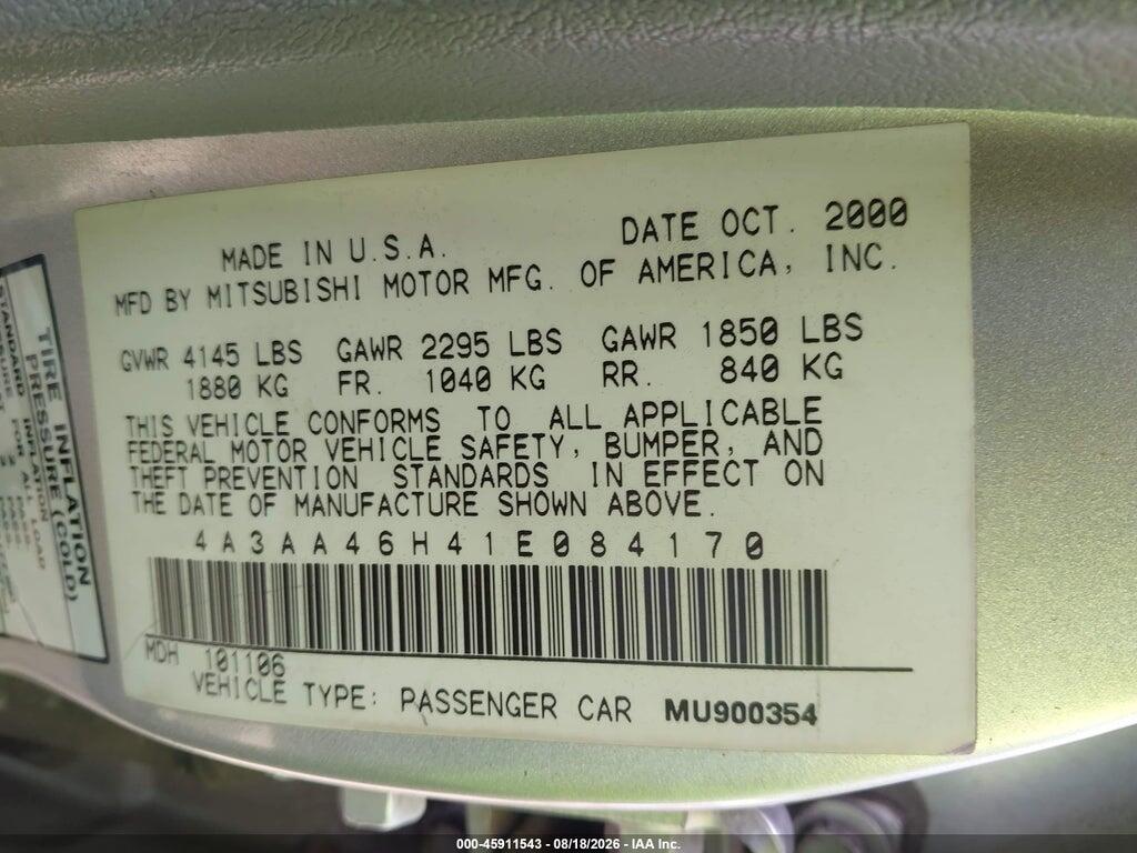 4A3AA46H41E084170 2001 MITSUBISHI GALANT photo no. 9