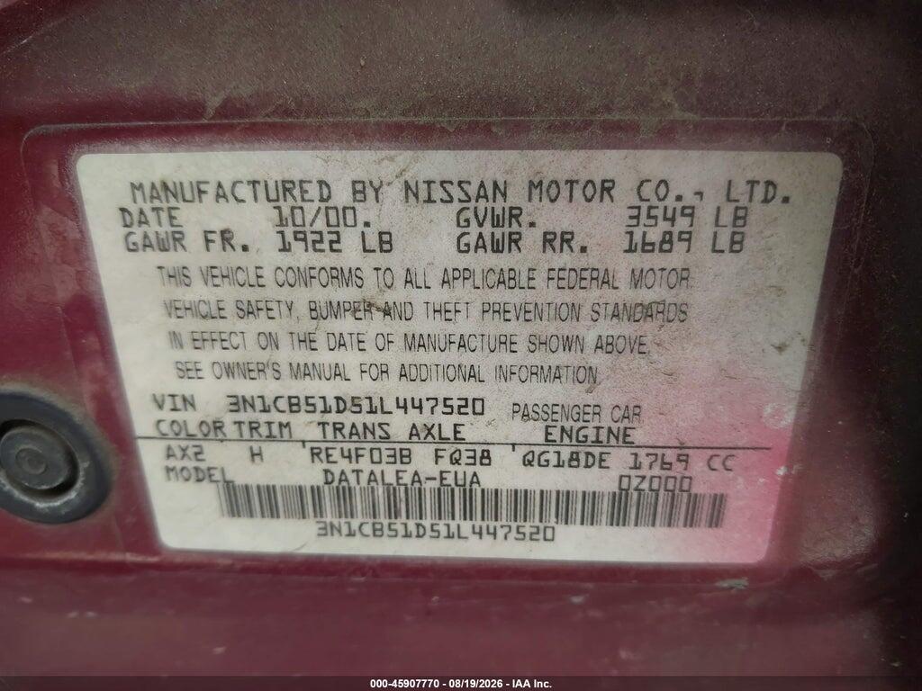 3N1CB51D51L447520 2001 NISSAN SENTRA photo no. 9