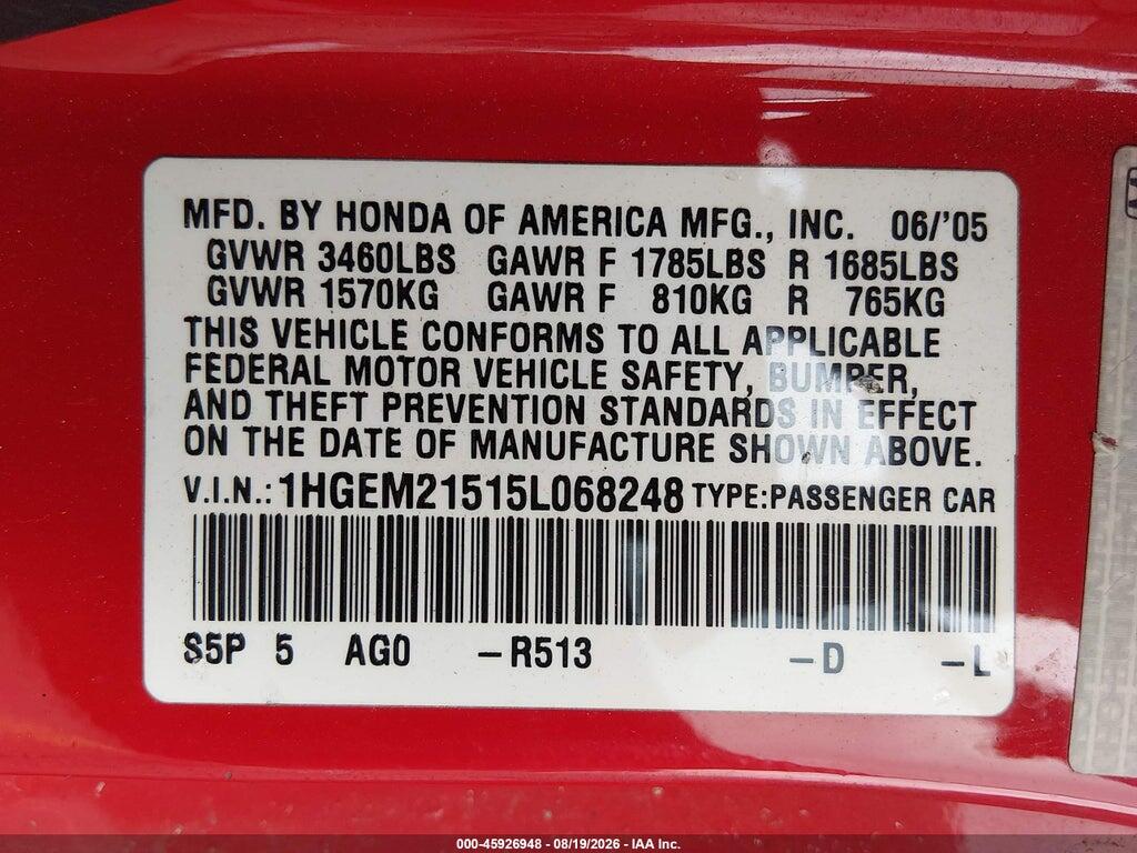1HGEM21515L068248 2005 HONDA CIVIC photo no. 9