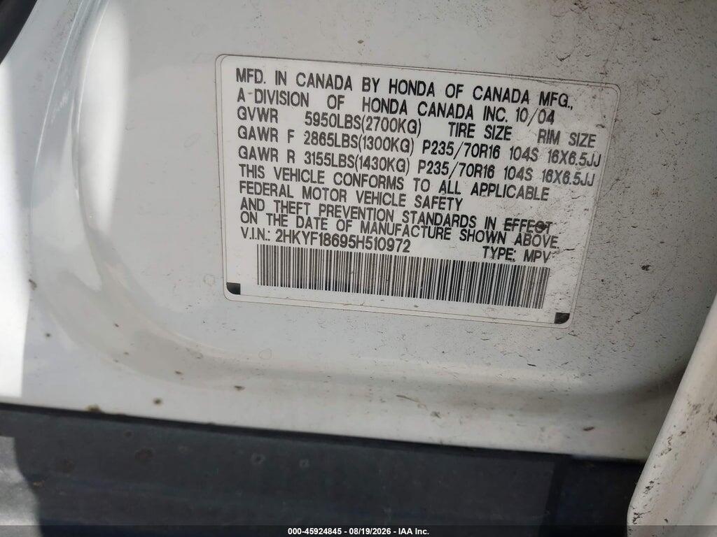 2HKYF18695H510972 2005 HONDA PILOT photo no. 9