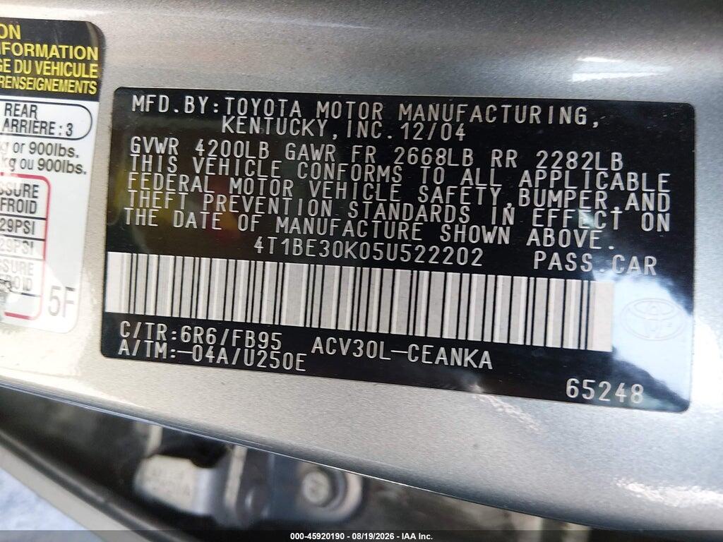 4T1BE30K05U522202 2005 TOYOTA CAMRY photo no. 9