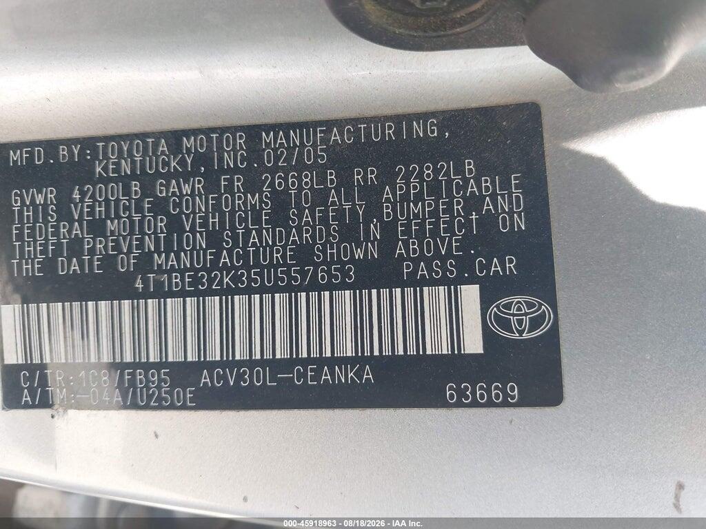 4T1BE32K35U557653 2005 TOYOTA CAMRY photo no. 9