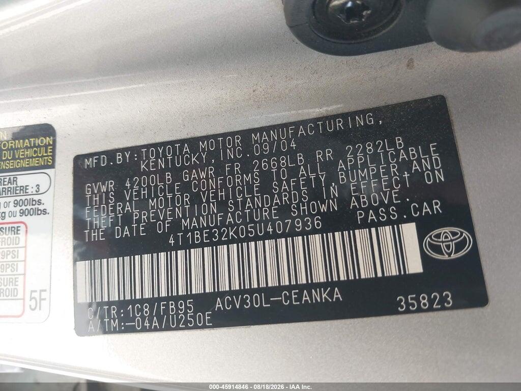 4T1BE32K05U407936 2005 TOYOTA CAMRY photo no. 9