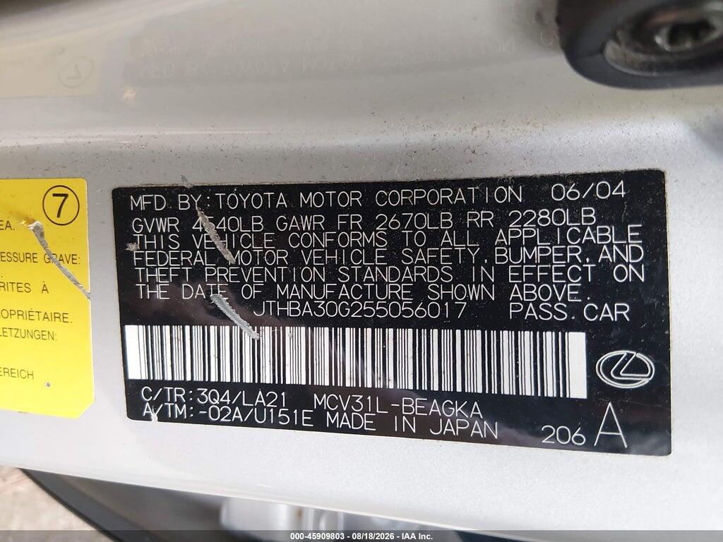 JTHBA30G255056017 2005 LEXUS ES 330 photo no. 9