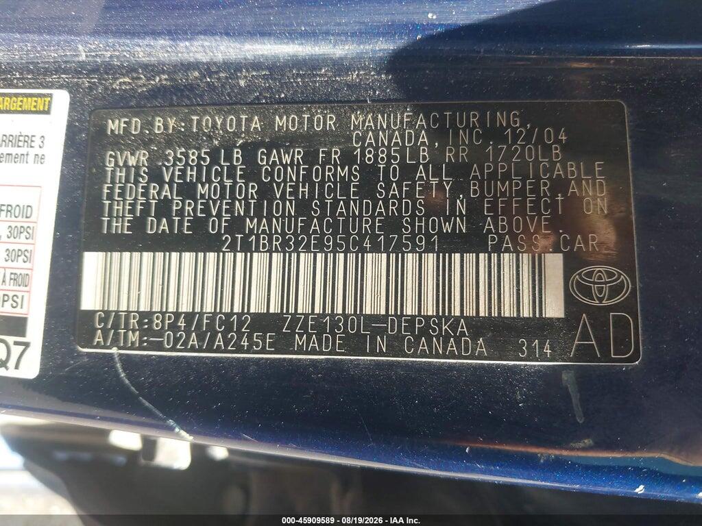 2T1BR32E95C417591 2005 TOYOTA COROLLA photo no. 9
