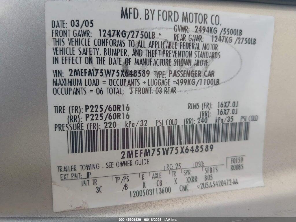2MEFM75W75X648589 2005 MERCURY GRAND MARQUIS photo no. 9