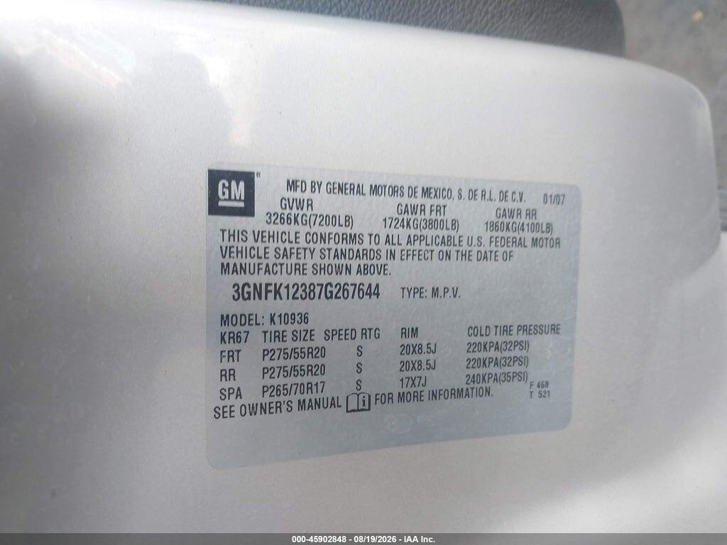 3GNFK12387G267644 2007 CHEVROLET AVALANCHE 1500 photo no. 9