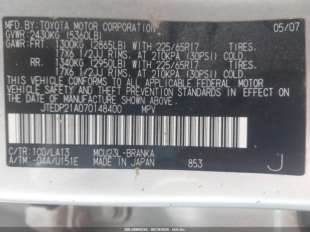JTEDP21A070148400 2007 TOYOTA HIGHLANDER photo no. 9