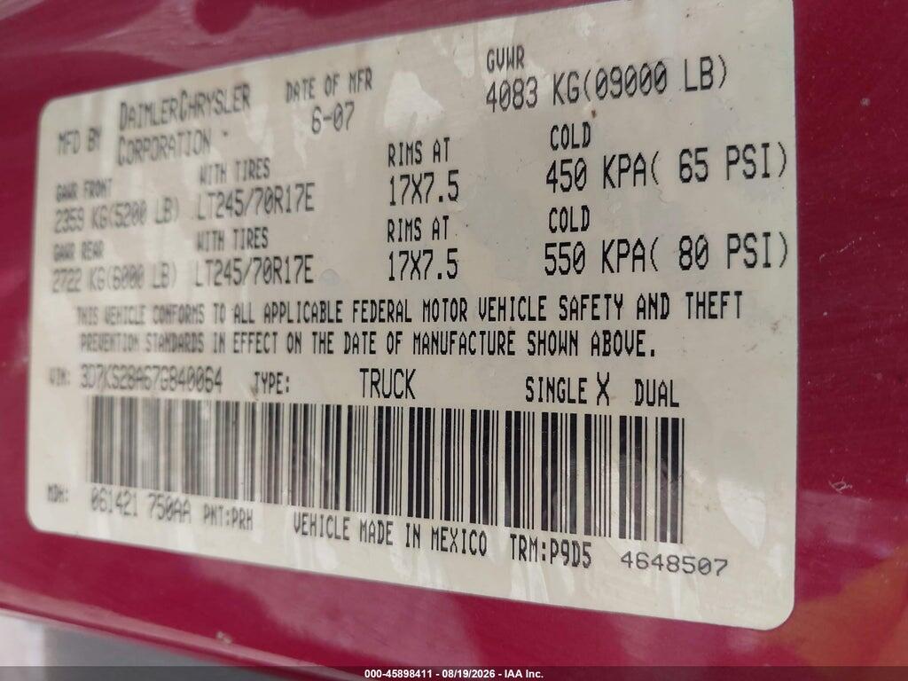 3D7KS28A67G840064 2007 DODGE RAM 2500 photo no. 9
