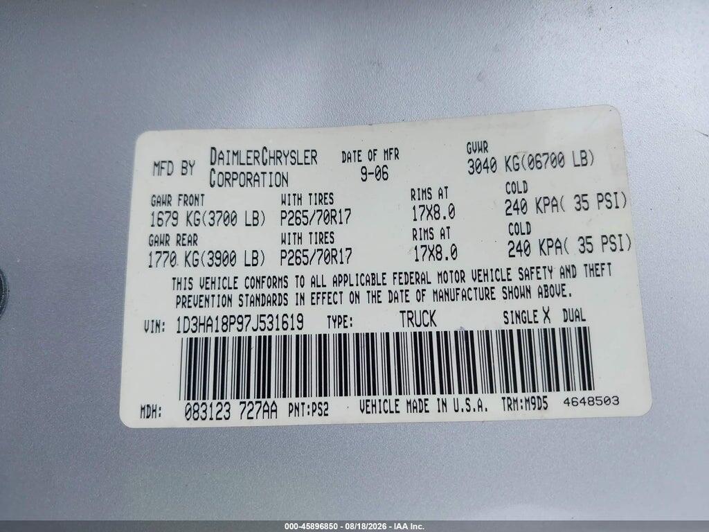 1D3HA18P97J531619 2007 DODGE RAM 1500 photo no. 9