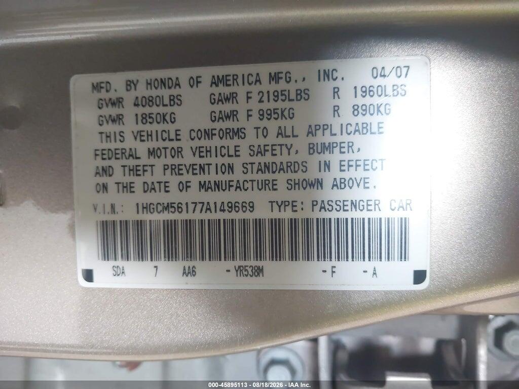 1HGCM56177A149669 2007 HONDA ACCORD photo no. 9