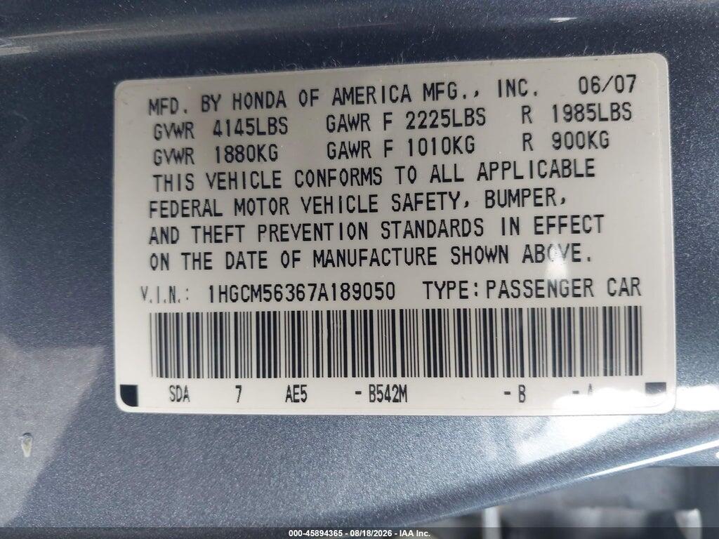 1HGCM56367A189050 2007 HONDA ACCORD photo no. 9