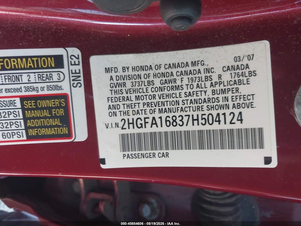 2HGFA16837H504124 2007 HONDA CIVIC photo no. 9