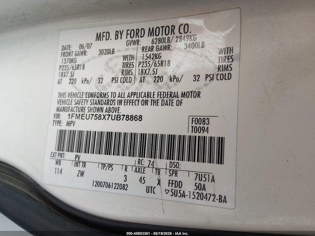 1FMEU758X7UB78868 2007 FORD EXPLORER photo no. 9