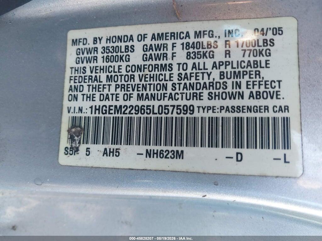 1HGEM22965L057599 2005 HONDA CIVIC photo no. 9