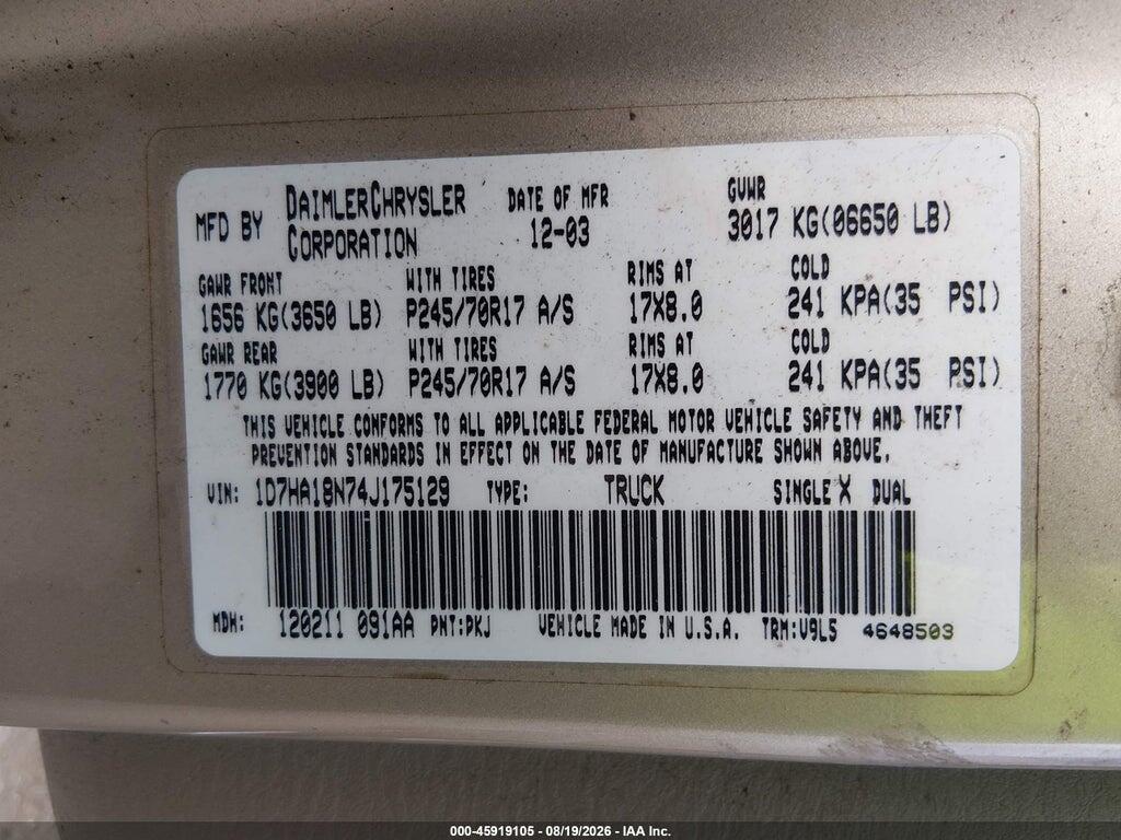 1D7HA18N74J175129 2004 DODGE RAM 1500 photo no. 9