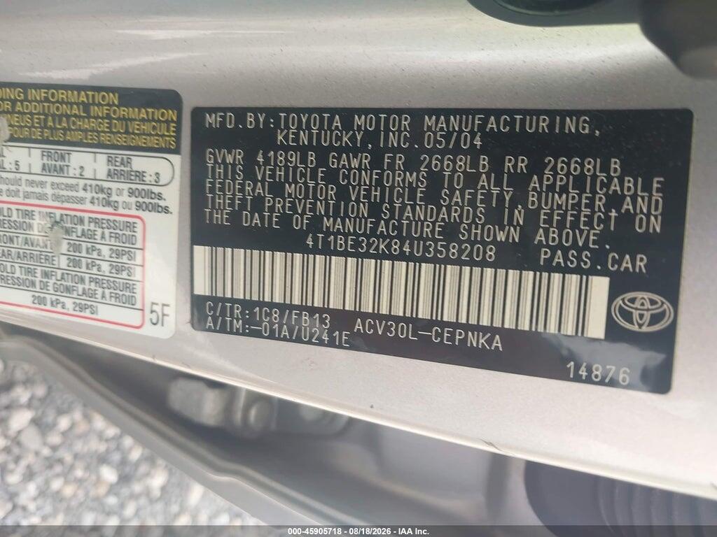 4T1BE32K84U358208 2004 TOYOTA CAMRY photo no. 9