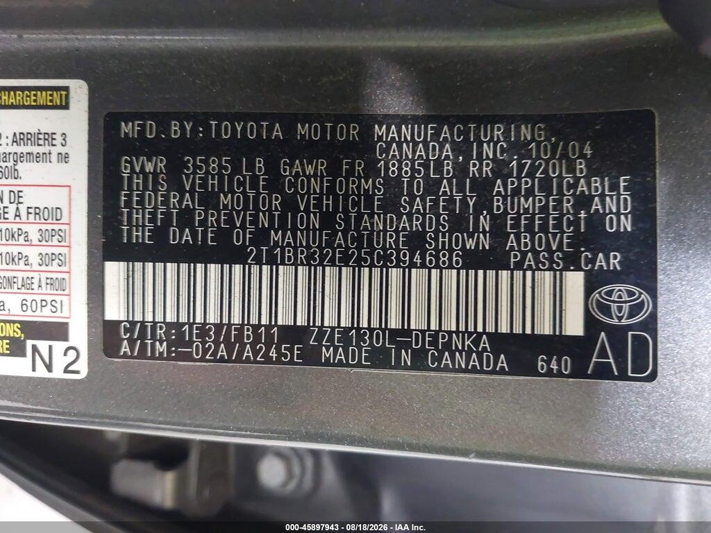 2T1BR32E25C394686 2005 TOYOTA COROLLA photo no. 9