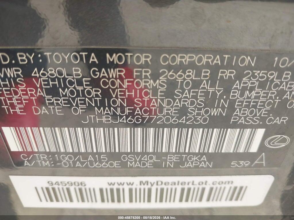 JTHBJ46G772064230 2007 LEXUS ES 350 photo no. 9