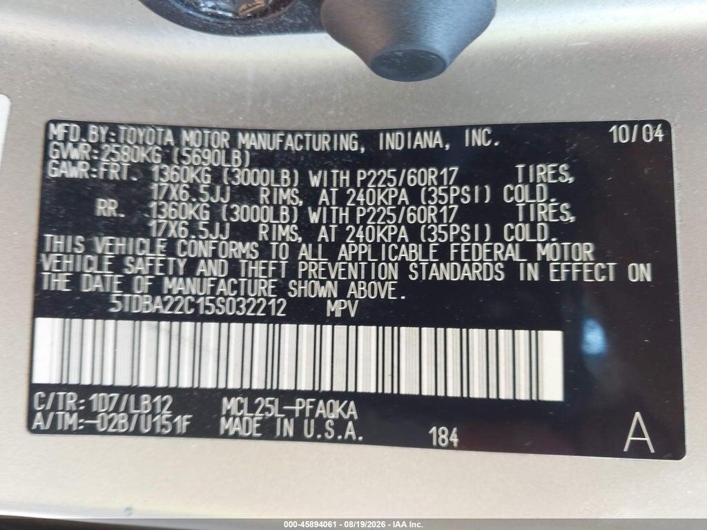 5TDBA22C15S032212 2005 TOYOTA SIENNA photo no. 9