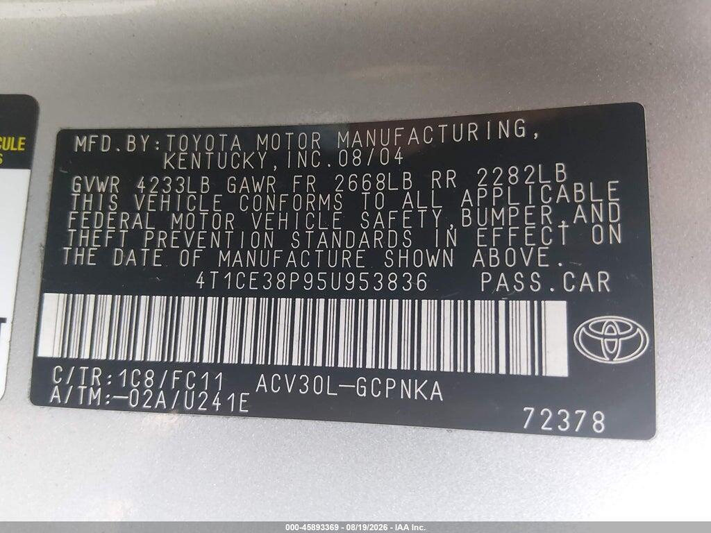 4T1CE38P95U953836 2005 TOYOTA CAMRY SOLARA photo no. 9