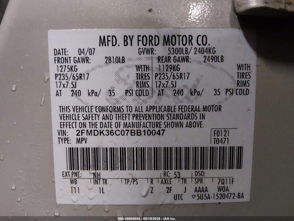 2FMDK36C07BB10047 2007 FORD EDGE photo no. 9