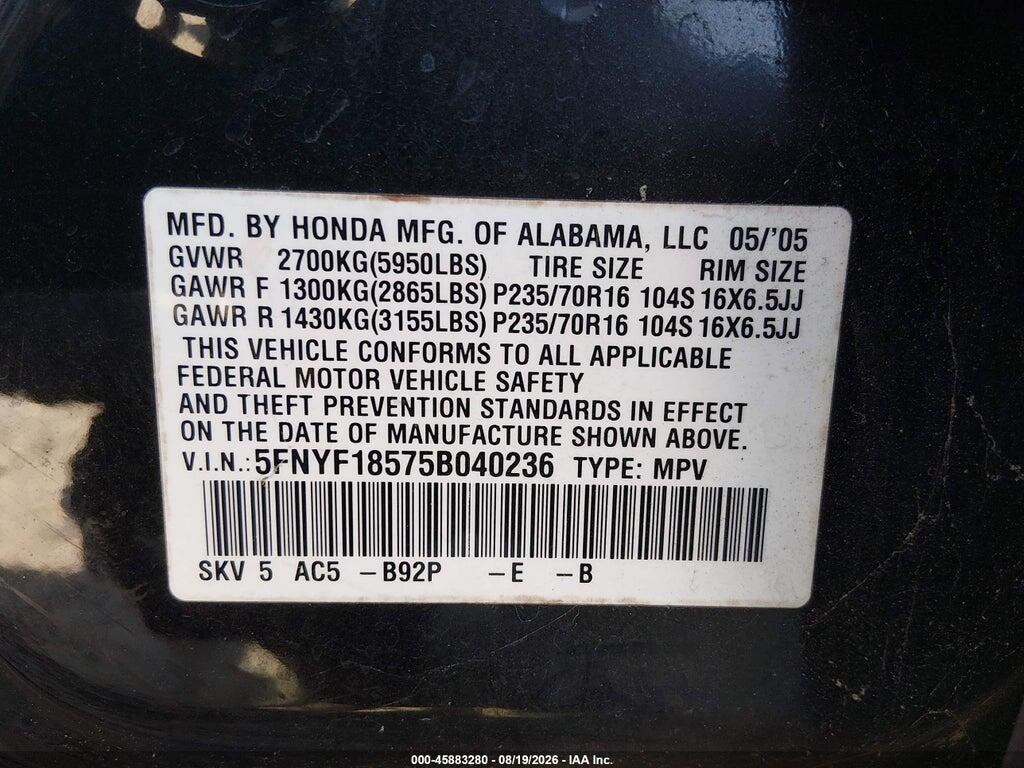 5FNYF18575B030236 2005 HONDA PILOT photo no. 9