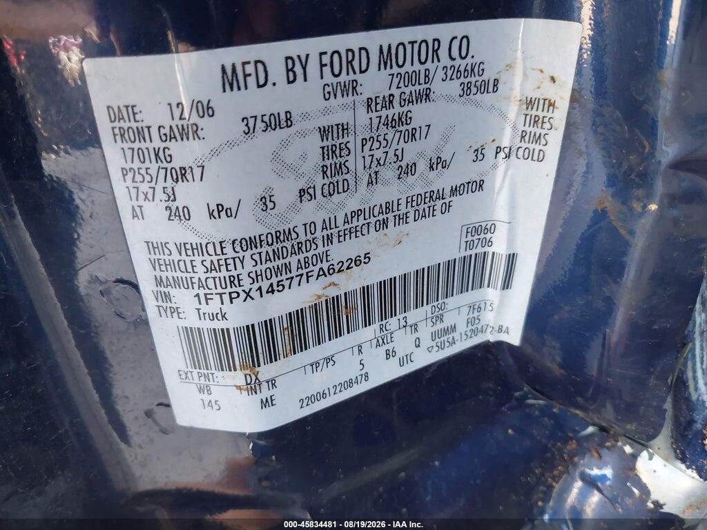 1FTPX14577FA62265 2007 FORD F-150 photo no. 9