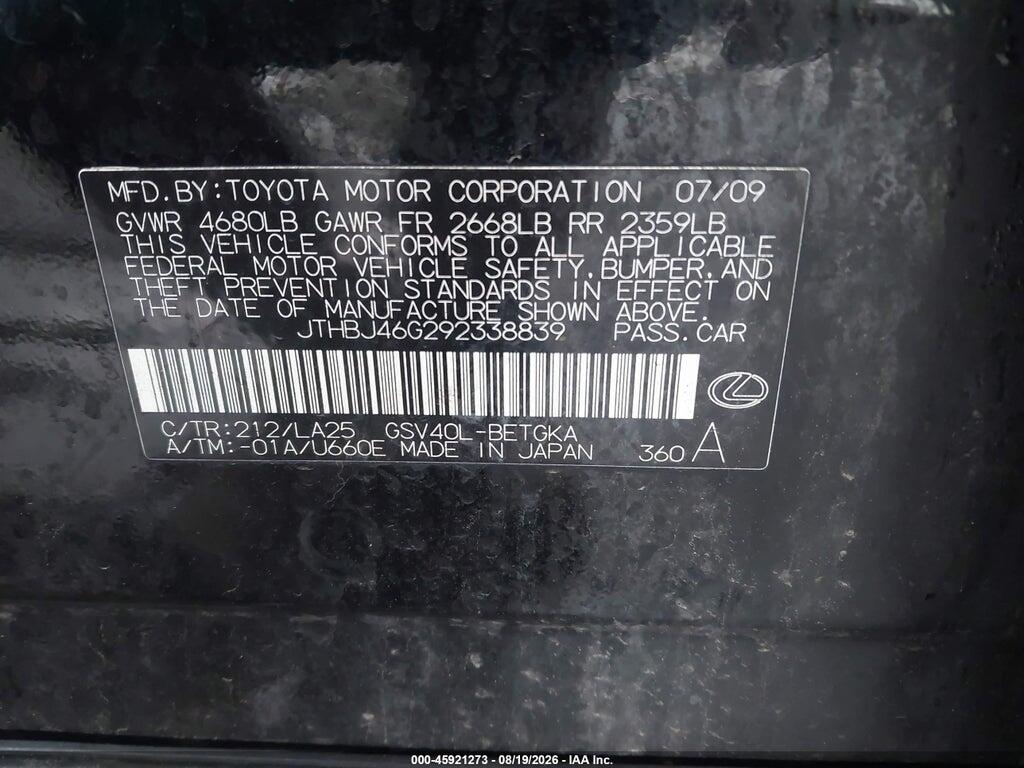 JTHBJ46G292338839 2009 LEXUS ES 350 photo no. 9