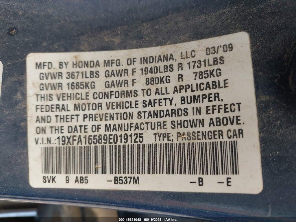 19XFA16589E019125 2009 HONDA CIVIC photo no. 9