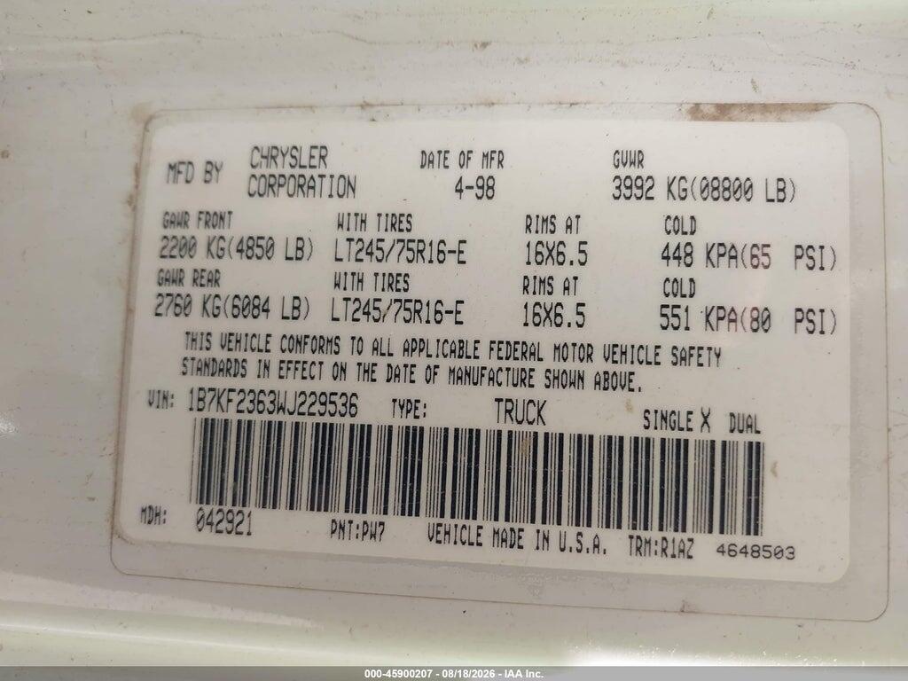1B7KF2363WJ229536 1998 DODGE RAM 2500 photo no. 9