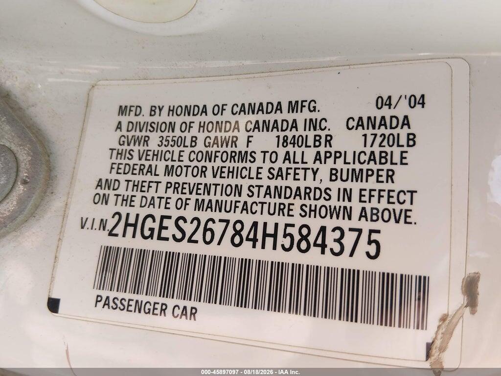 2HGES26784H584375 2004 HONDA CIVIC photo no. 9