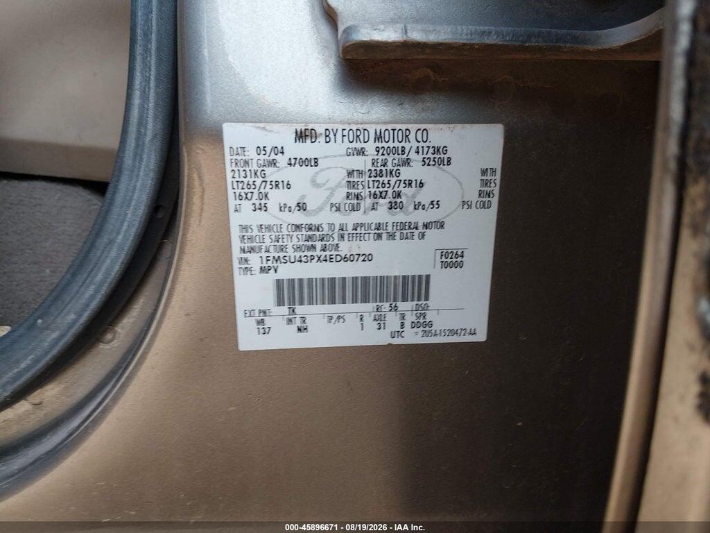 1FMSU43PX4ED60720 2004 FORD EXCURSION photo no. 9