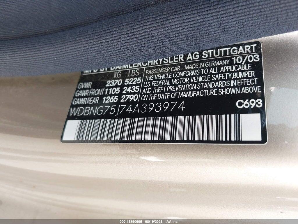 WDBNG75J74A393974 2004 MERCEDES-BENZ S 500 photo no. 9