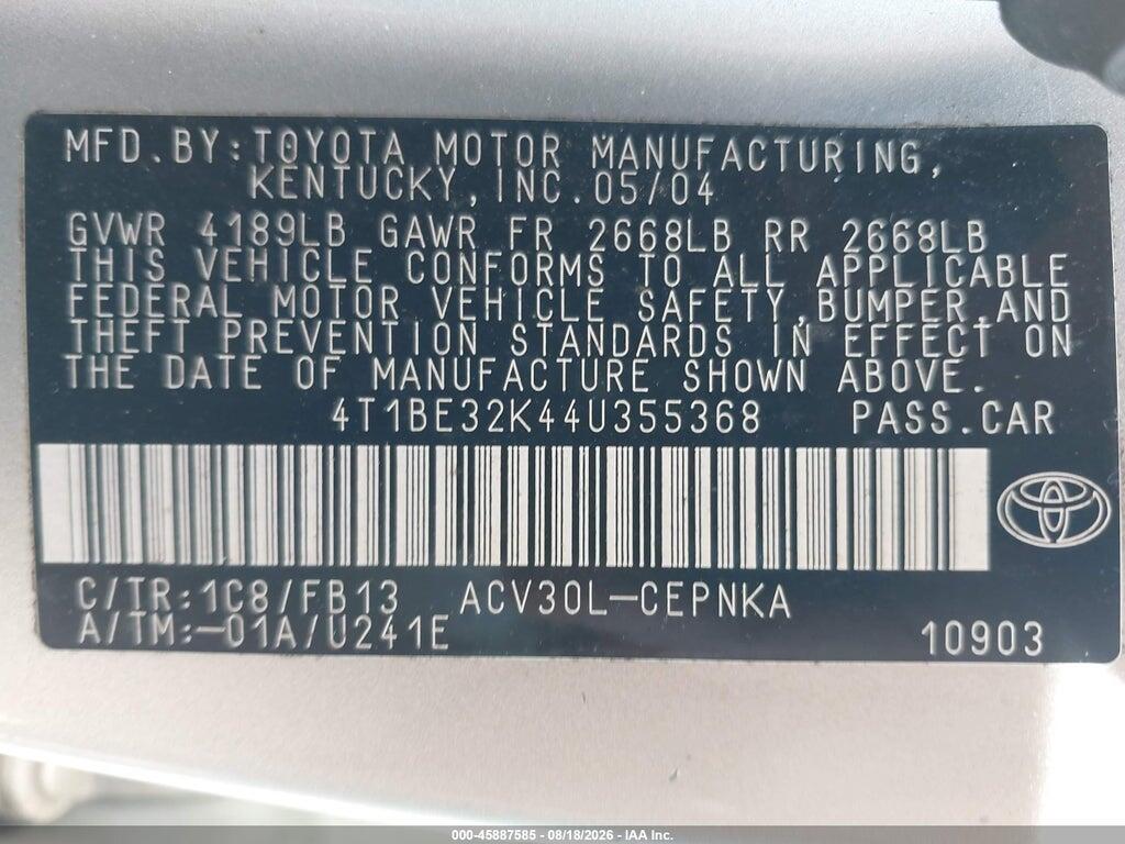 4T1BE32K44U355368 2004 TOYOTA CAMRY photo no. 9